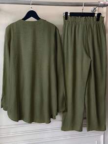 Linhara Plus Size Women Solid Color Linen Blend Round Neck Lace Patchwork Full Button Front Mid Sleeve Casual Comfortable Regular Fit Shirt + Elastic Waist Loose Long Pants 2pcs Set - Army Green - View 2