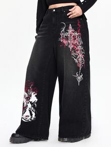 ROMWE Dark Gothic Street Style Vintage Washed Loose Comfortable Plus Size Denim Jeans - Black - View 4