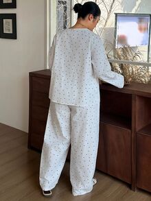 Dazy Plus Fashion Polka Dot Tie Top & Pants 2-Piece Set, White New Spring/Summer/Autumn Pajama Set - White - View 2
