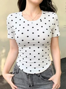 DAZY 女款黑色波點白色短袖T恤，休閒街頭風戶外上衣，適合春夏音樂節、婚禮、運動 - 白色 - 查看 6