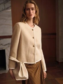 MOTF FRENCH VINTAGE CONTRAST TRIM SINGLE-BREASTED CROPPED JACKET - White - View 6