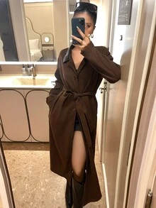 Livesso Brown Lapel Leather Patchwork Lace-Up Belt Slim Fit Long Sleeve Elegant Fashion Mid-Length Overcoat - Coffee Brown - View 5