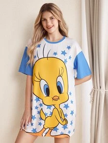 LOONEY TUNES X SHEIN Women's Pentagram Print Round Neck Drop Shoulder Casual Nightgown - Blue and White - View 6