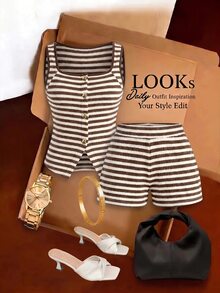 Lavishia Women's Striped Metallic Single-Breasted Vest And Shorts Casual 2 Pieces Set - Multicolor - View 3