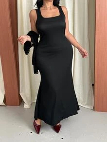 GalTyme Plus Size Women's Summer Asymmetrical Shoulder Long Sleeve Top And Tank Dress 2 Pieces Set - Black - View 4