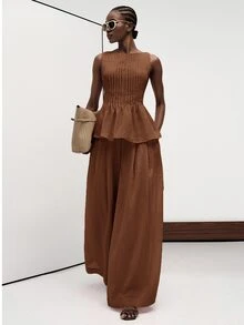 Aveloria Modichic Summer Shades Of Brown Elegant Versatile Fashion Commute Vacation Casual Old Money Slouchy Textured Linen-Like Sleeveless Pleated Round Neck Top Pants - Coffee Brown - View 1