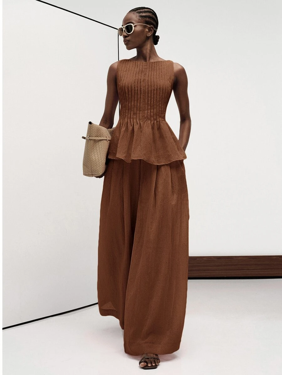 Aveloria Modichic Summer Shades Of Brown Elegant Versatile Fashion Commute Vacation Casual Old Money Slouchy Textured Linen-Like Sleeveless Pleated Round Neck Top Pants - Coffee Brown - View 1