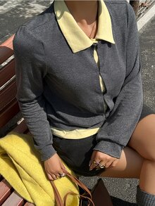 Dazy Plus Spring/Autumn New Colorblock Patchwork Layered Collar Button-Up Casual Versatile T-Shirt - Grey - View 5