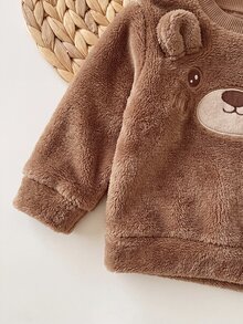 SHEIN Newborn Baby Cute Casual Fluffy Brown Cartoon Pattern Embroidered Winter Top And Elastic Waist Long Pants 2-Piece Set - Brown - View 3