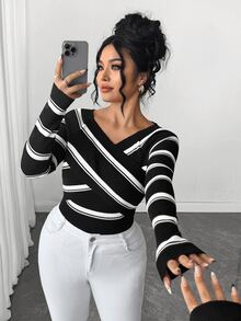 SHEIN Elenzya Plus Size Colorblock Striped Criss-Cross Wrap Sweater - Black - View 6