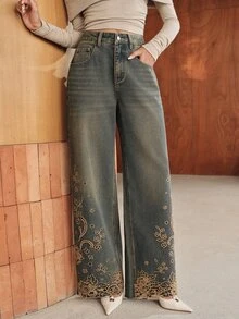 Anewsta Women's Casual Versatile Daily Wear Denim Jeans With Pocket, Button And Floral Embroidery Pattern - Blue - View 7