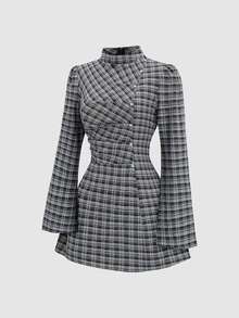 Sweetra New French Sweet Academic Style Plaid Dress, Slight High Neck, Pleated Design, Delicate Button Decor, Unique Tie Waist, Slimming, Spring/Summer Short Petal Sleeve, Simple Versatile Women's Dress - Coffee Brown - View 1