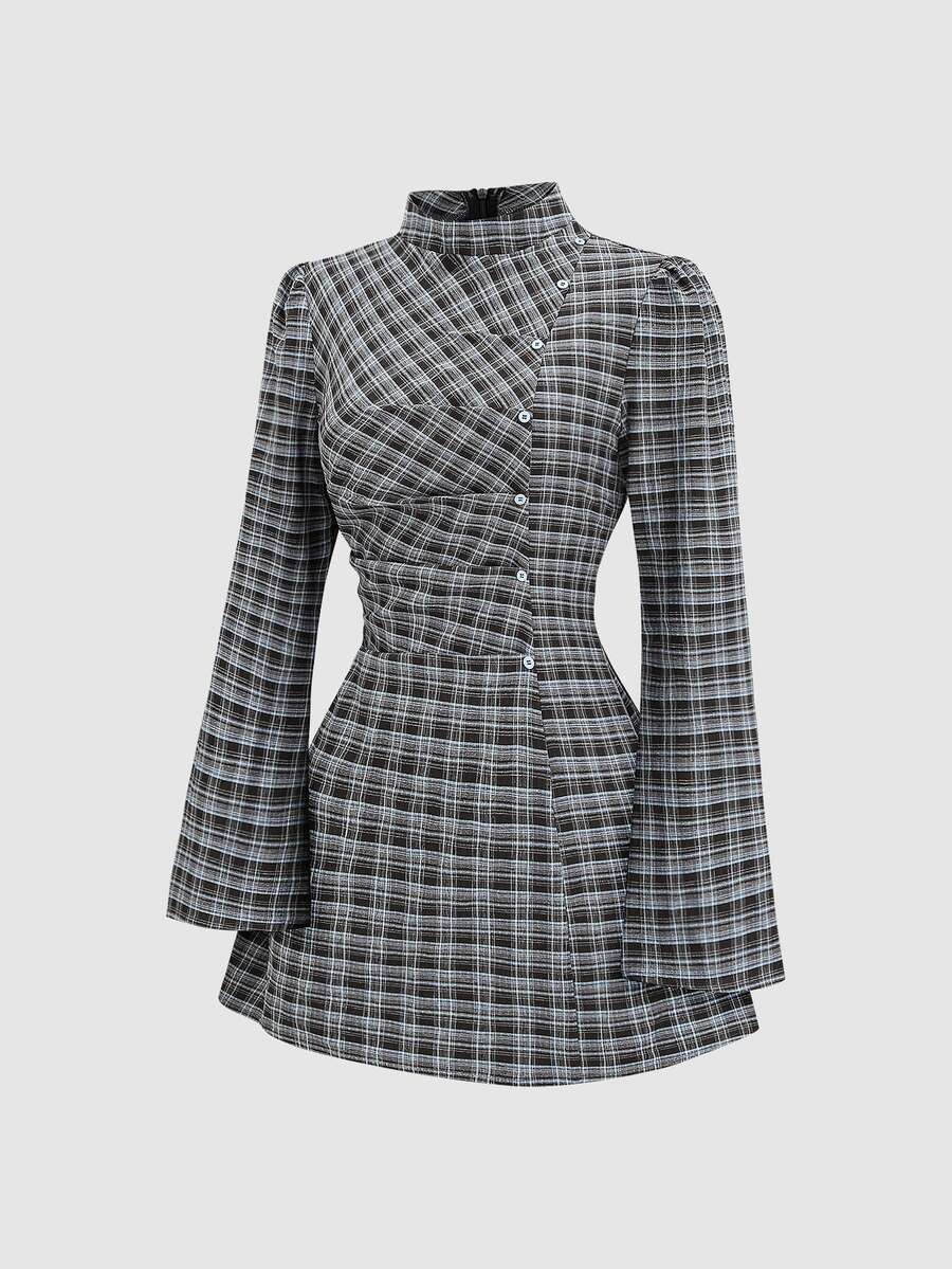 Sweetra New French Sweet Academic Style Plaid Dress, Slight High Neck, Pleated Design, Delicate Button Decor, Unique Tie Waist, Slimming, Spring/Summer Short Petal Sleeve, Simple Versatile Women's Dress - Coffee Brown - View 1