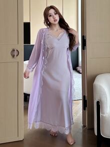 Dazy Plus Romantic Lace Contrast Mesh Camisole Maxi Dress Pajama Set, Soft Purple Fall - Purple - View 8