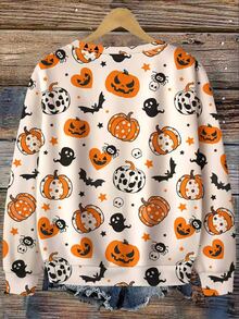 EMERY ROSE Sweatshirt Lengan Panjang Kasual Ukuran Besar dengan Motif dan Kelelawar Halloween - MultiWarna - View 2