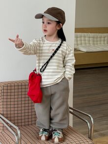DAZY 2pcs/Set Baju Sweatshirt Lengan Panjang Bergaris Leher Bulat dan Celana Sweatpants untuk Bayi Perempuan (Musim Gugur) - Aprikot - View 10