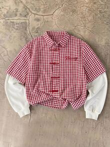 SWAVVY Men's Embroidered Plaid Patchwork Long Sleeve Fashion Shirt - Red - View 8