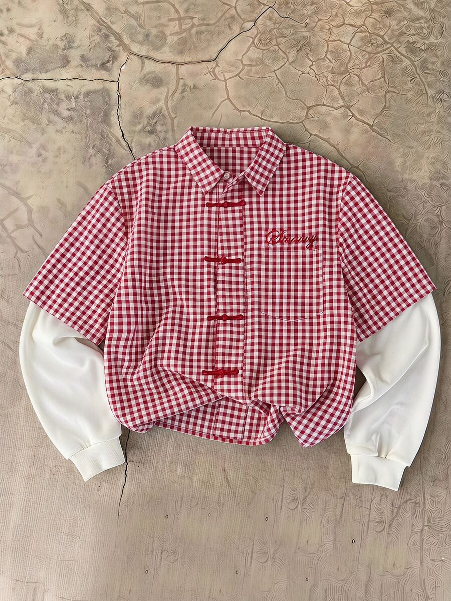 SWAVVY Men's Embroidered Plaid Patchwork Long Sleeve Fashion Shirt - Red - View 1