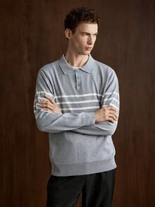 Manfinity CityGents 男士 Polo 領長袖套頭毛衣，Ins 風格，華麗派對街頭成熟風，寬鬆版型拼色秋季正式老錢風毛衣 - 淺灰色 - 查看 4