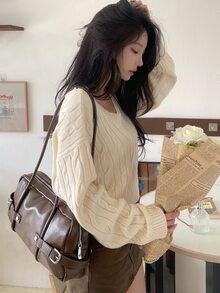 DAZY Women's Solid Color Loose Short V-Neck Long Sleeve Pullover Cable Knit Casual Vacation Spring Autumn Sweater - Apricot - View 4