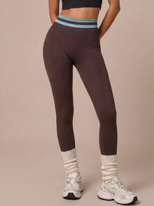 SHEIN BAE Women Brown Stripe Seamless High Waist Leggings Tummy Control Gym Workout Training Running Yoga Athletic Pants - Coffee Brown - View 2