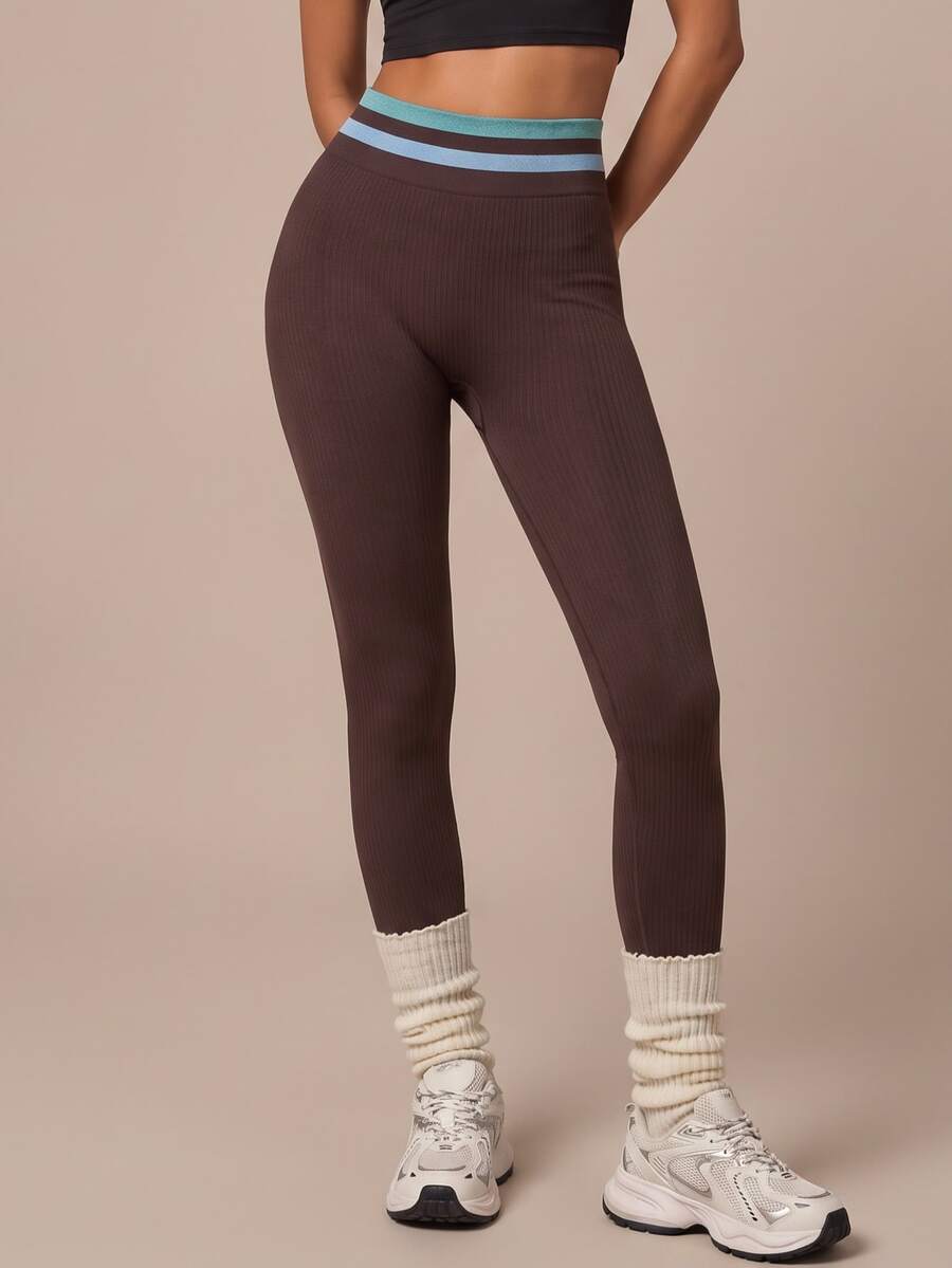 SHEIN BAE Women Brown Stripe Seamless High Waist Leggings Tummy Control Gym Workout Training Running Yoga Athletic Pants