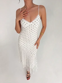 Firerie Women's Summer Elegant Polka Dot Print Spaghetti Strap Dress - White - View 10