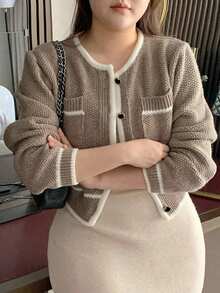 Dazy Plus Colorblock Patchwork Korean Style Loose Knit Cardigan Sweater, Autumn/Winter - Brown - View 5