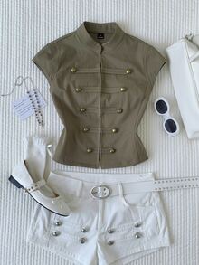 Comfortcana Plus Size Women's Vintage Preppy Casual Napoleon Jacket - Fresh Green - View 7