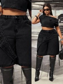 Slaydiva High Waist Loose Asymmetrical Patchwork Plus Size Denim Shorts - Dark Grey - View 1
