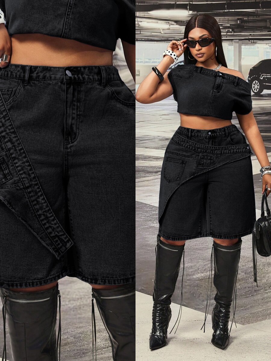 Slaydiva High Waist Loose Asymmetrical Patchwork Plus Size Denim Shorts - Dark Grey - View 1