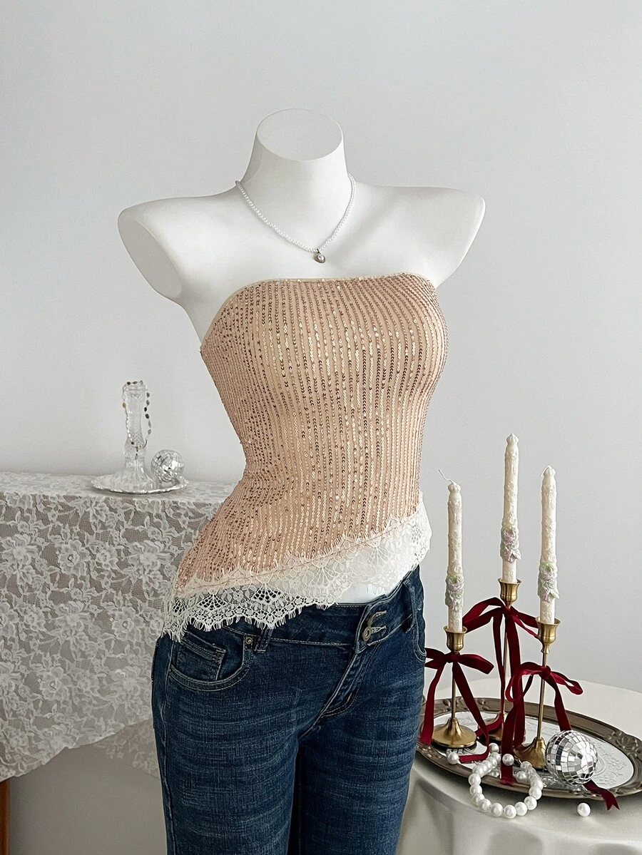 Elamini Women's Autumn/Winter Minimalist Sequin Elegant Color-Block Lace Asymmetrical Hem Tube Top, Suitable For Party And Date - Champagne - View 1