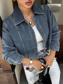Dazy Plus Washed Denim Cropped Short Sleeve Collared Top Street Style Plus Size Women Spring Summer Blogger Denim Shirt - Medium Wash - View 5