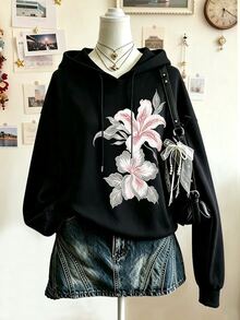 Lalippa 女款黑色粉色花卉衛衣，Y2K 搖滾風休閒秋季上衣，日常街頭音樂節度假穿搭，送給朋友的禮物 - 黑色 - 查看 3