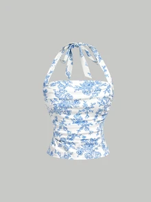 SHEIN MOD 3件組花卉印花與純色掛脖背心上衣 - 藍色 - 查看 10