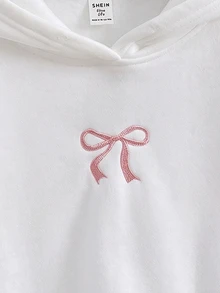 SHEIN 青少年女孩蝴蝶結刺繡口袋連帽時尚運動衫 - 白色 - 查看 8