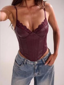 SHEIN BAE Atasan Korset Wanita Motif Renda PU Warna Burgundy Polos untuk Musim Gugur/Dingin - Burgundy - View 5