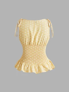 SHEIN MOD Women's Polka Dot Blouse And Skirt Fashion Set Vacation White Polka Dot Summer Vintage Cute - Yellow - View 4