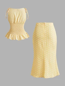 SHEIN MOD Women's Polka Dot Blouse And Skirt Fashion Set Vacation White Polka Dot Summer Vintage Cute - Yellow - View 2