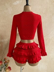 Soleia Women's Holiday Casual Cute Romantic Elegant Long Flare Crop Top And Ruffle Low-Waist Mini Skirt 2 Pieces Set, Beach Everyday Party Autumn - Red - View 6