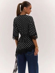 SHEIN BAE 女款寬鬆休閒對比蕾絲仿羊絨上衣，舒適親膚，適合日常外出、通勤、下午茶 - 黑色 - 查看 2