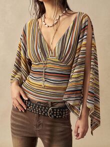 Bohemela Women's Vintage Brown Striped V-Neck T-Shirt With Split Flared Sleeves For Fall, Perfect For Vacations And Going Out - Multicolor - View 6