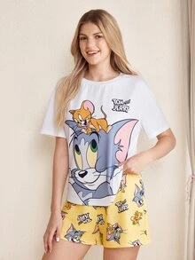 TOM & JERRY X SHEIN Women's Cartoon Print Short Sleeve T-Shirt And Shorts Pajama Set - Multicolor - View 4