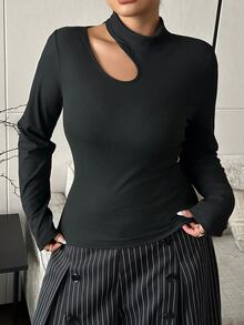Livesso Solid Color High Neck Hollow Out Slim Fit Sexy Top Spring Autumn New Black T-Shirt - Black - View 7