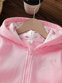 Toddler Girls Polyester Hooded Long Sleeve Solid Color Zip Pocket Regular Open Front Loose Fit Sweatshirt Fall/Winter Pink - Pink - View 8