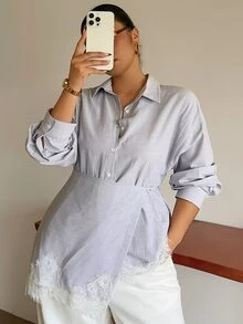 Dazy Plus Autumn Wrap Long Sleeve Light Blue Lace Patchwork Tie Waist Blouse For Commute, Wedding, Casual, Plus Size - Baby Blue - View 4