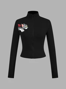 TOM & JERRY X SHEIN SHEIN EZwear 2件組黑白針織拉鍊長袖女款T恤，聯名印花圖案，適合外出、街頭風、機場穿搭、時尚、返校、Y2K、派對、海灘度假、假日 - 彩色 - 查看 4