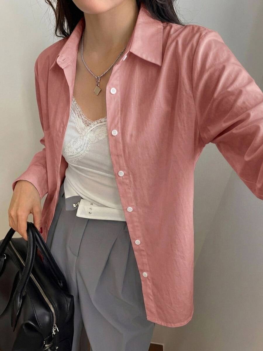 DAZY 女款純色長袖單排扣休閒通勤襯衫 - 卡其色 - 查看 1