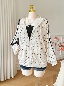 Comfortcana 大尺碼女款波點印花前拉鍊抽繩連帽衛衣 - 杏色 - 查看 6