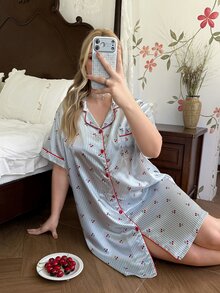 CottageSlumber Cherry Striped Print Faux Silk Shirt Style Plus Size Nightgown - Multicolor - View 7